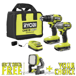 outils électroportatifs RYOBI Kit combiné de 2 outils sans balais 18 V One+ HP avec lampe de travail LED hybride 18 V One+ gratuite et outil de sélection gratuit au choix. 486FN12